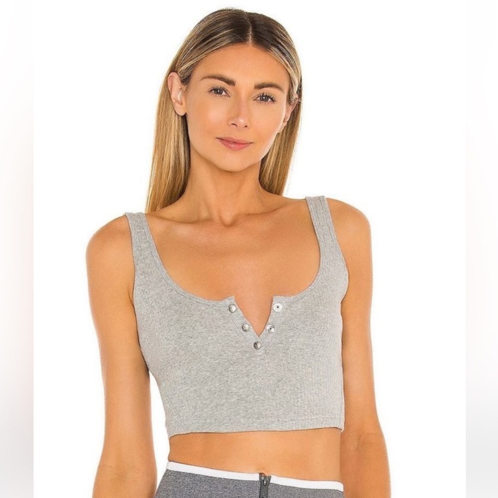 FP Movement by Free People Gray Fitted Buttoned Crop Tank Top